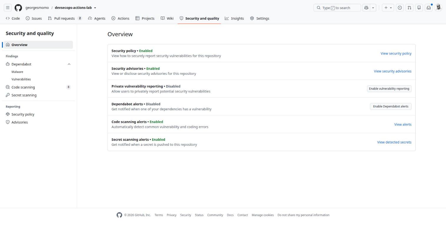 The Security and quality overview page listing the security features and their status