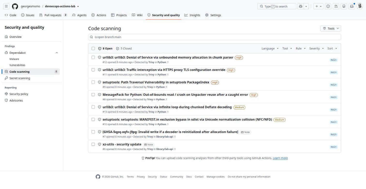 The code scanning alerts list with alerts detected by Trivy