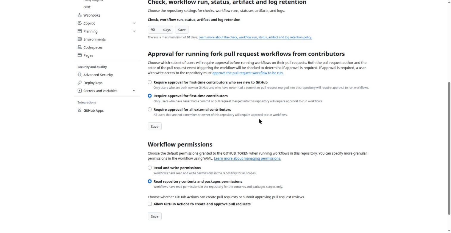 Lower part of the Actions settings with fork approval and workflow permissions