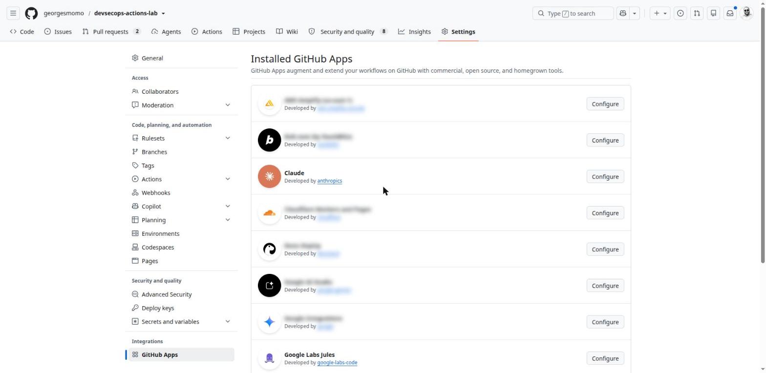 Settings, GitHub Apps listing installed Apps
