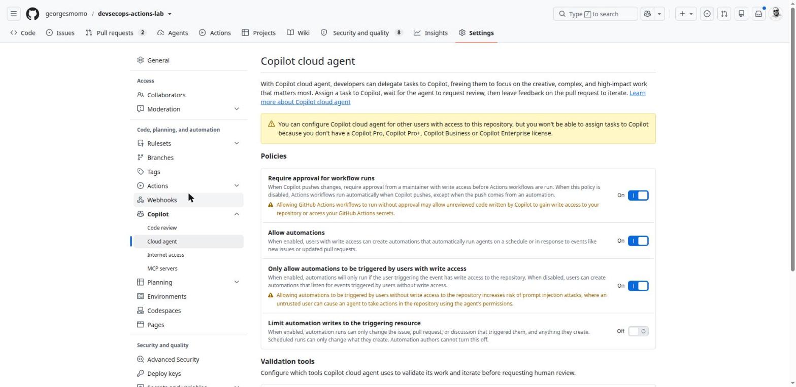Settings, Copilot, Cloud agent