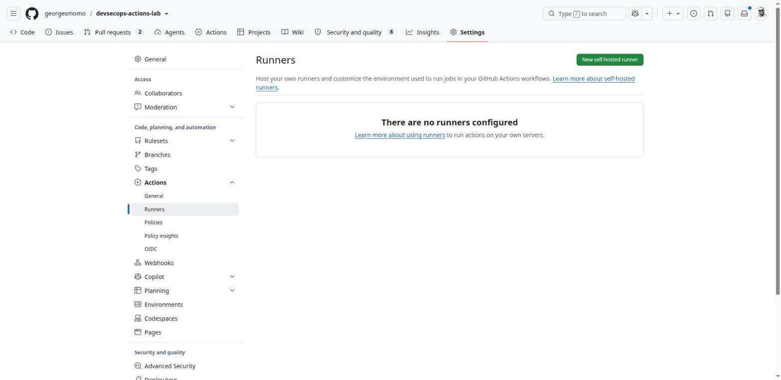 Settings, Actions, Runners with no self-hosted runner